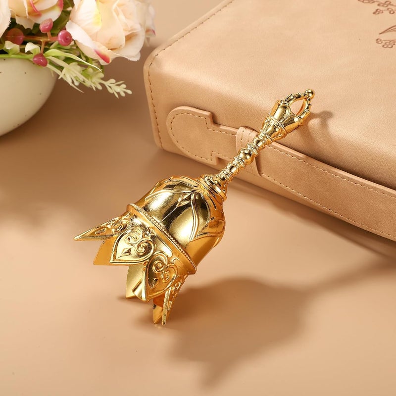 Sinbana Golden Lotus Bell, Small Alloy Gold Prayer Altar Butler Held Bell with Handle Adult Servant Meditation Tibetan Dinner Call Handbell Suitable for Seniors Bedside Classroom Management Servicing Calling - Image 2